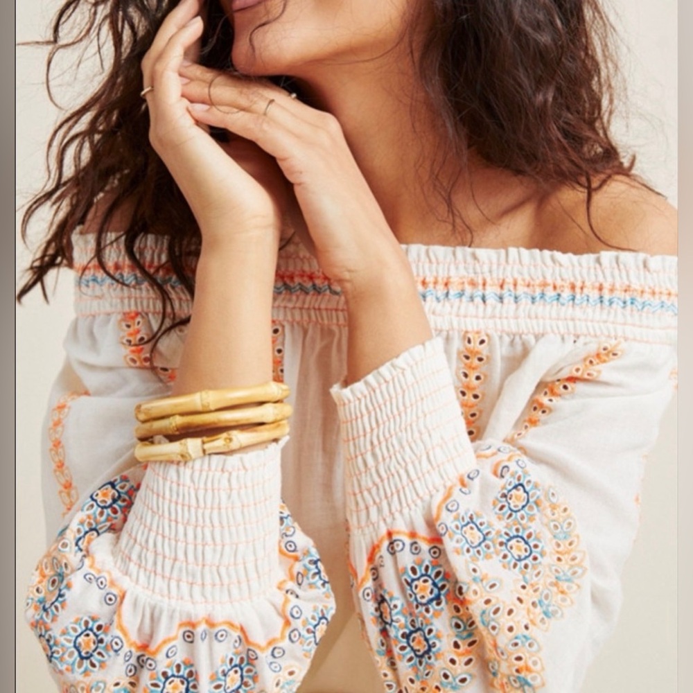 EUC ANTHROPOLOGIE VINEET BAHL Cream Embroidered Nora Peasant Blouse off shoulder